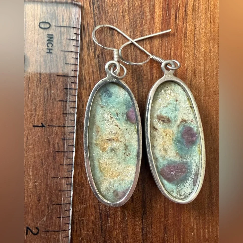 Sterling Silver 925 Ruby in Fuchsite Multi-Color Stone Earrings Dangling Heavy